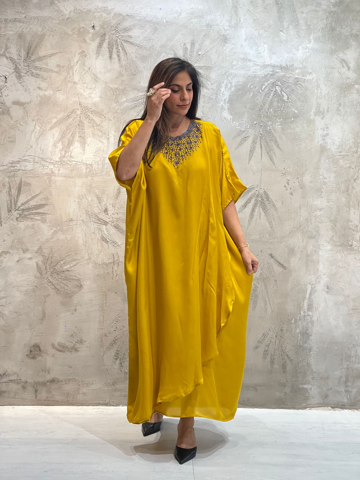 Dark Blue-Neck Embroidered Yellow Kaftan