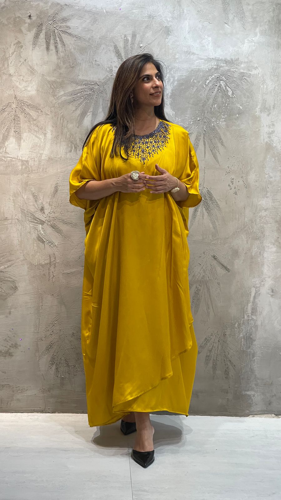 Dark Blue-Neck Embroidered Yellow Kaftan