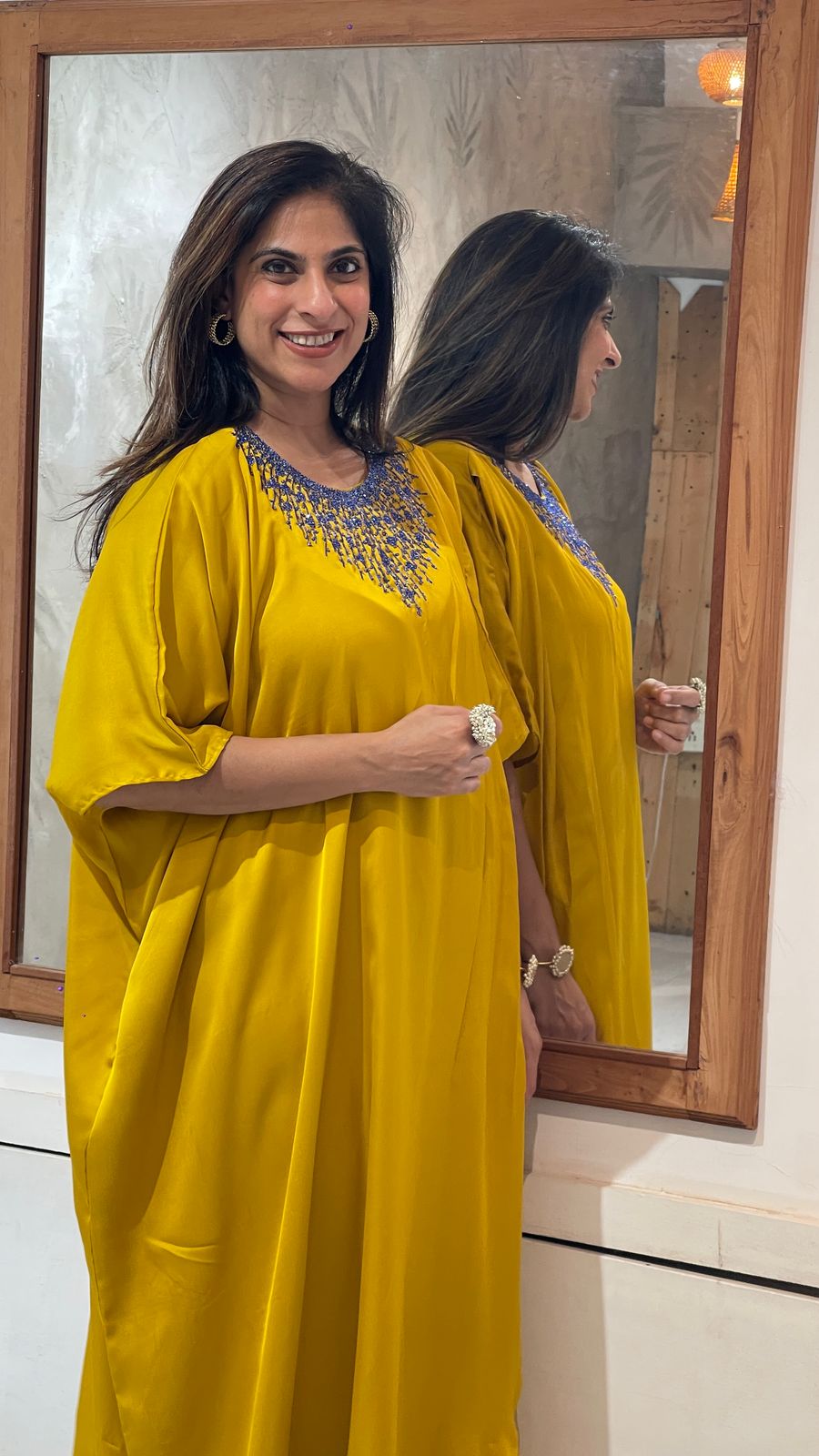 Dark Blue-Neck Embroidered Yellow Kaftan