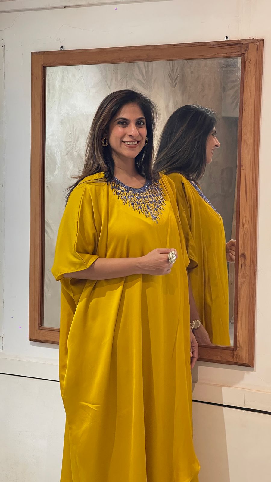 Dark Blue-Neck Embroidered Yellow Kaftan