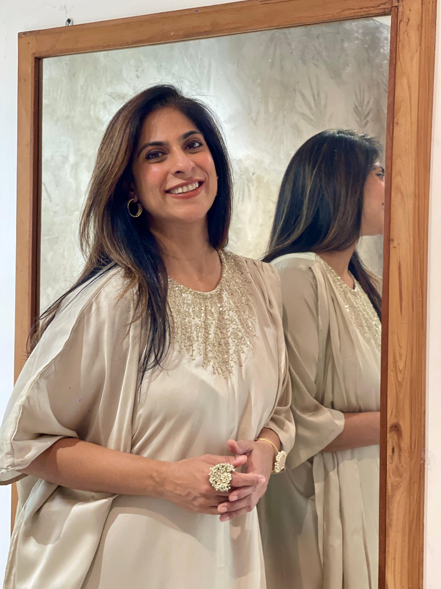 Off white gold neck Embroidered kaftan