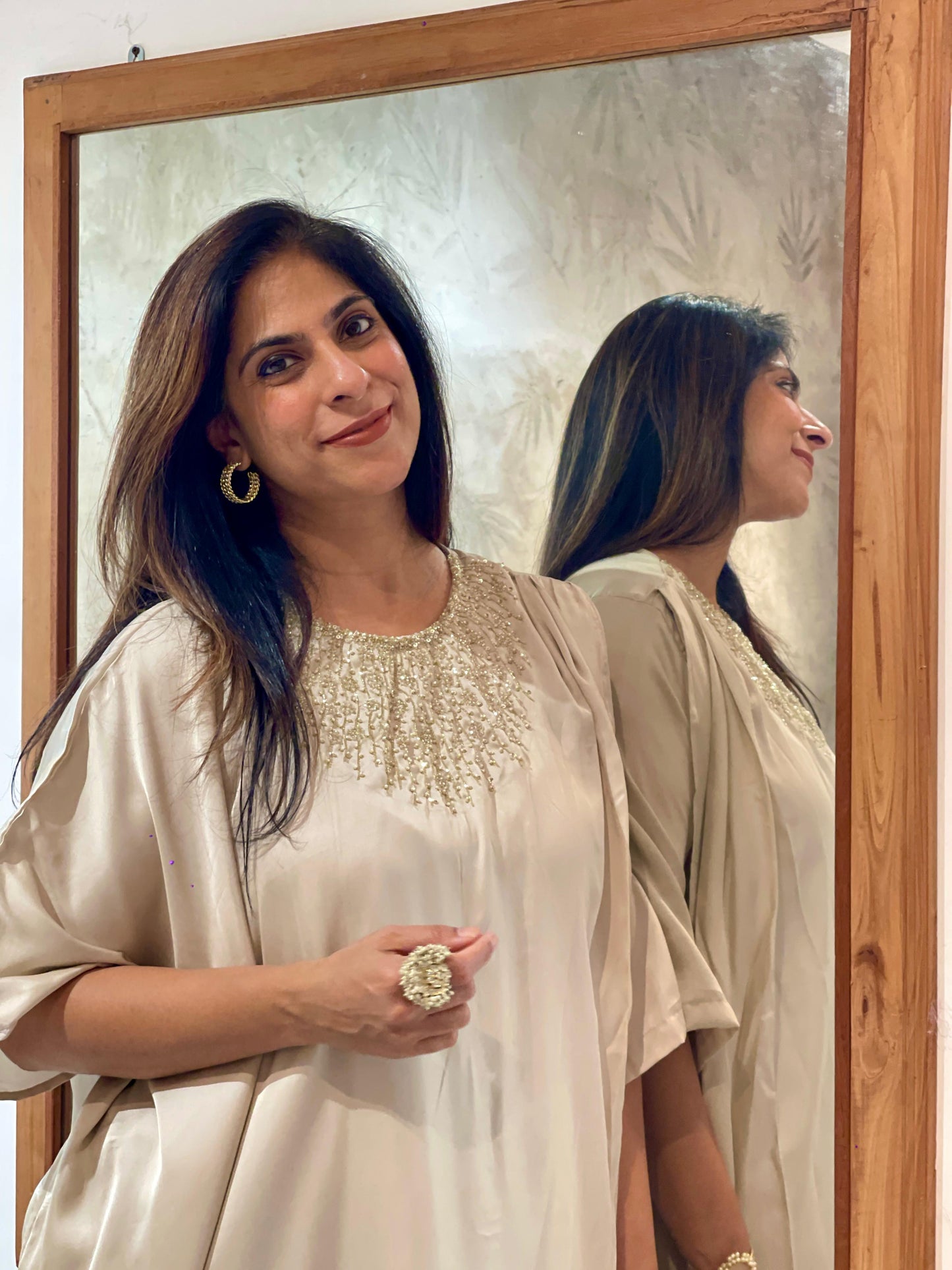 Off white gold neck Embroidered kaftan