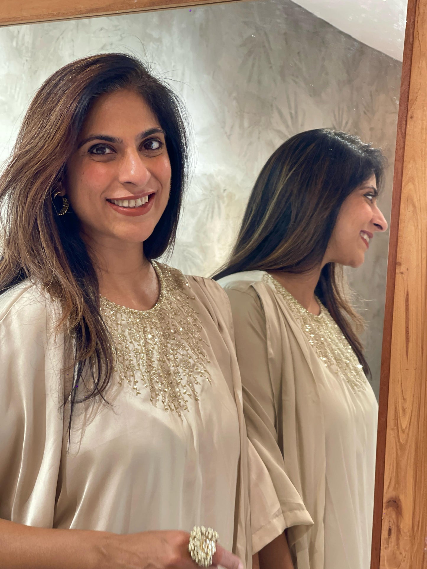 Off white gold neck Embroidered kaftan