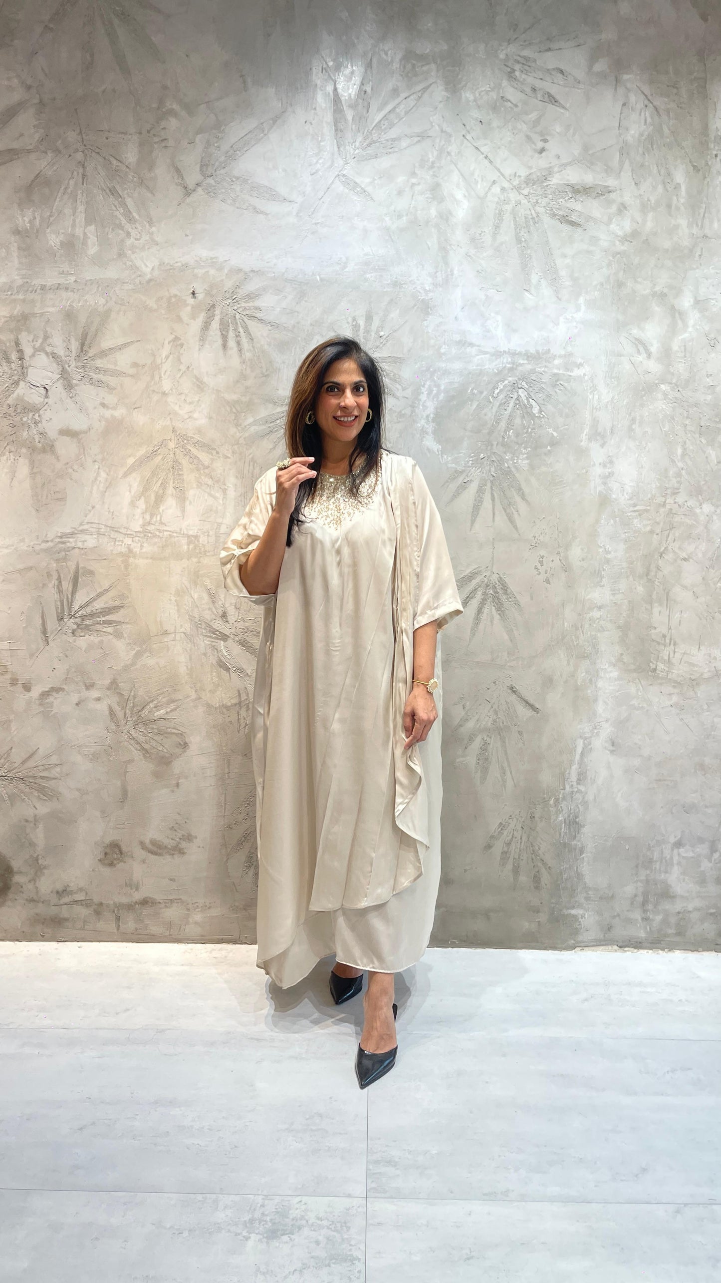 Dark Blue-Neck Embroidered Yellow Kaftan