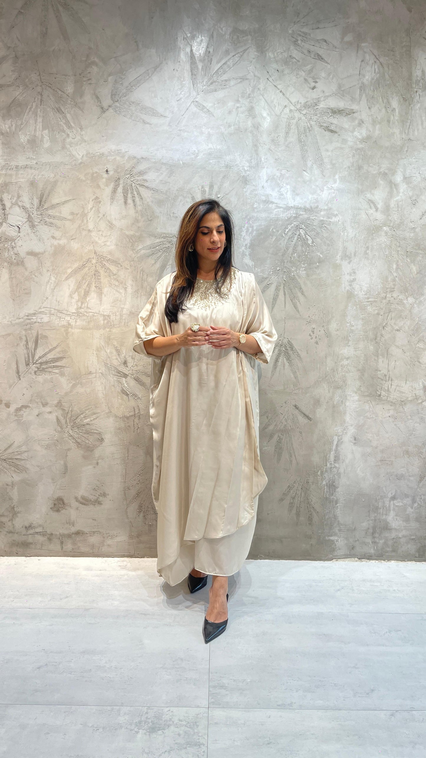 Off white gold neck Embroidered kaftan