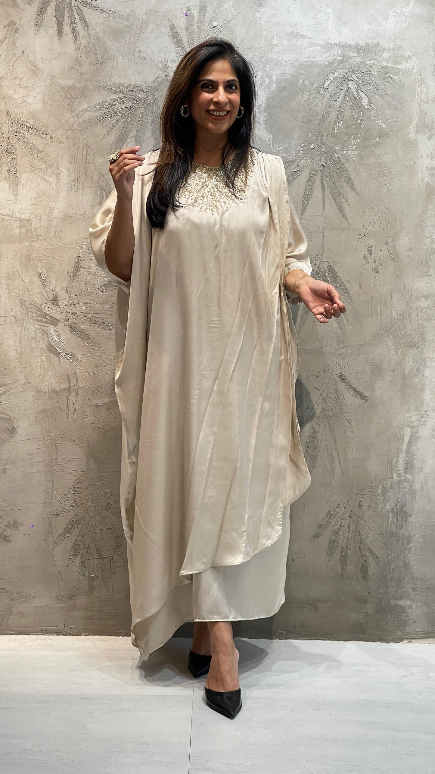 Off white gold neck Embroidered kaftan