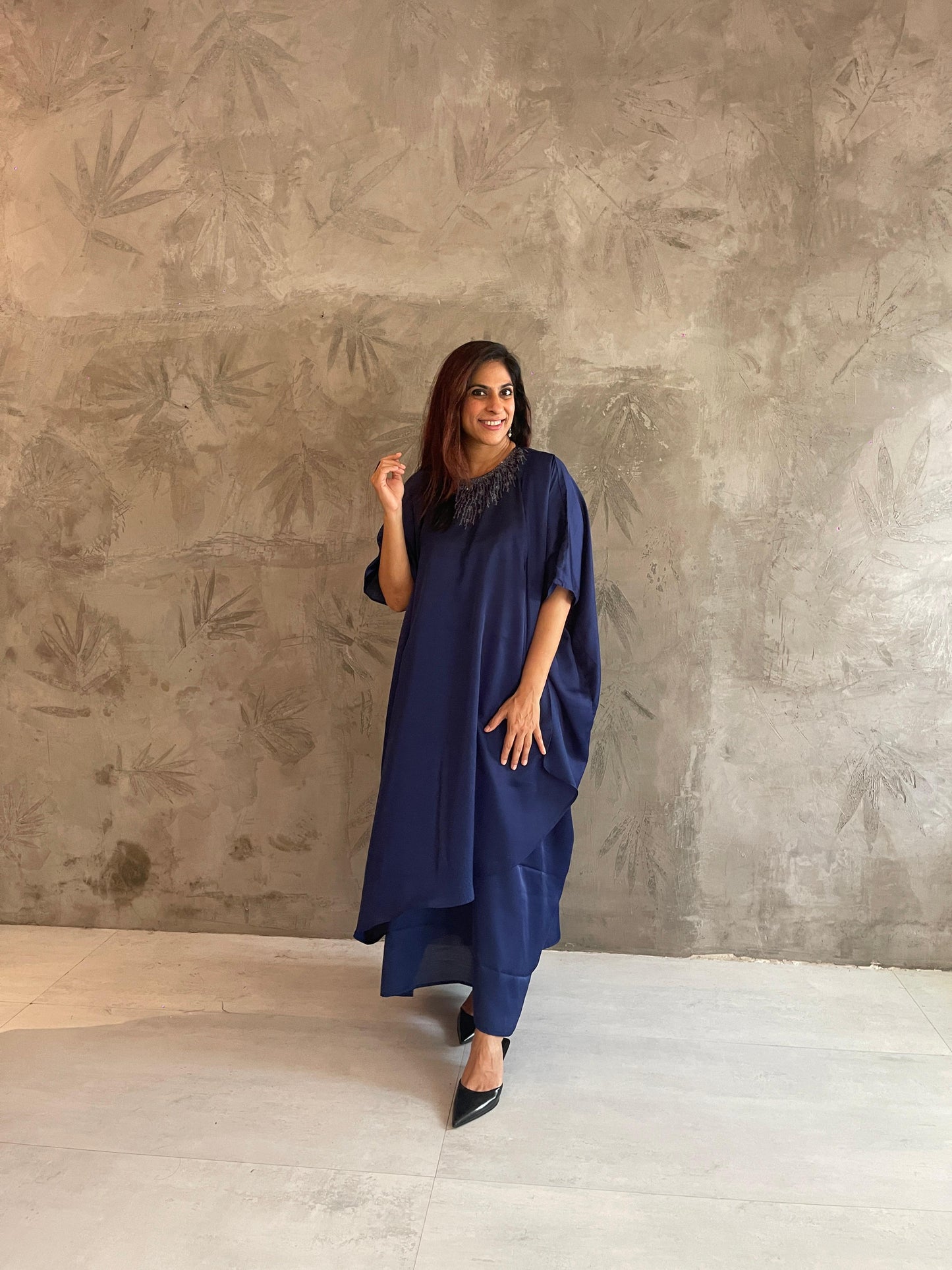 Off white gold neck Embroidered kaftan