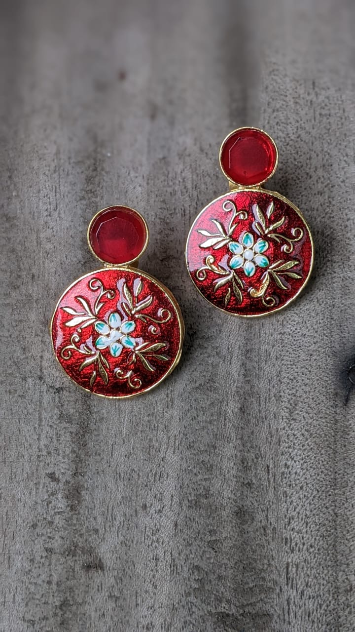 CRIMSON RED MEENAKARI DUAL DROP STUDS