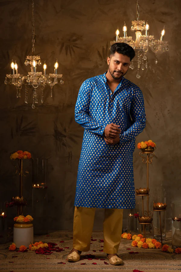 Abhijit Royal Blue Foil Print Kurta & Golden Pant Set