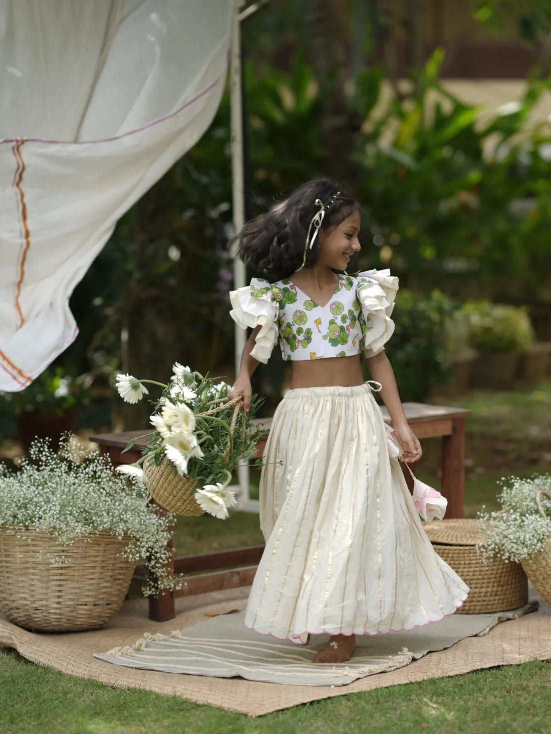 Harshika Kamalam Frill Blouse + Onam Pavada Set