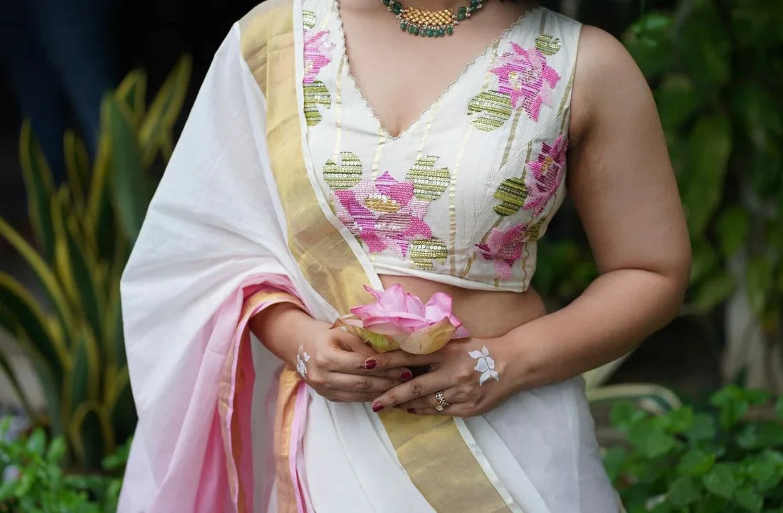 Ann Pink Shaded Kasavu Saree