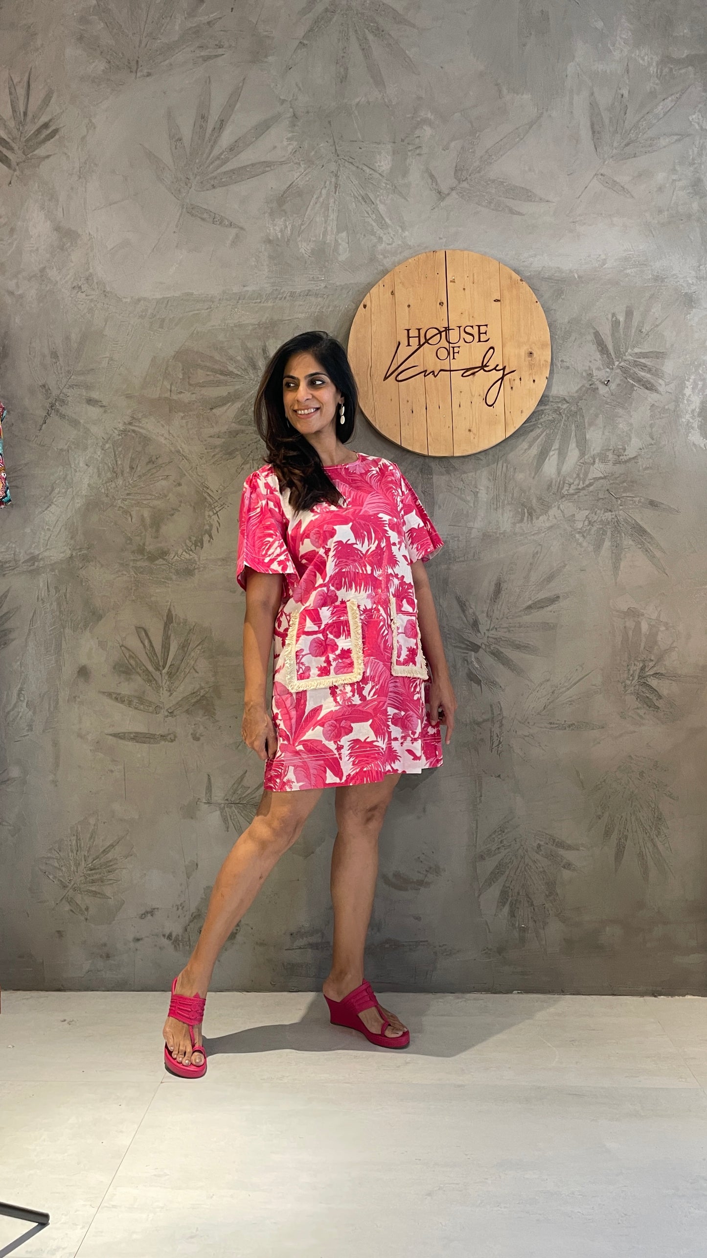 Pink Floral Mid Length Dress