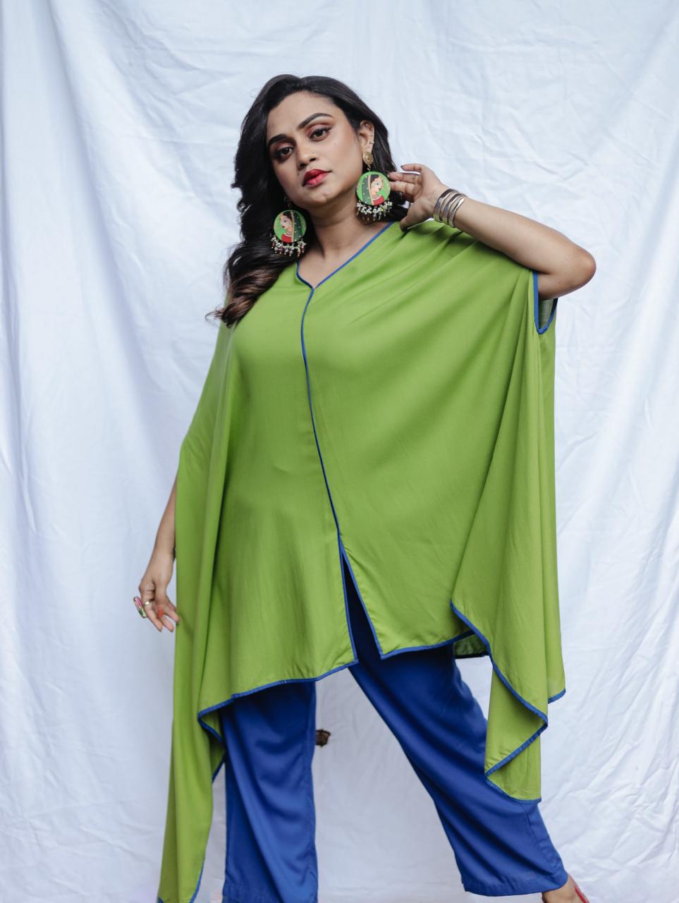 Green Poncho Kaftan with Blue Pant Set