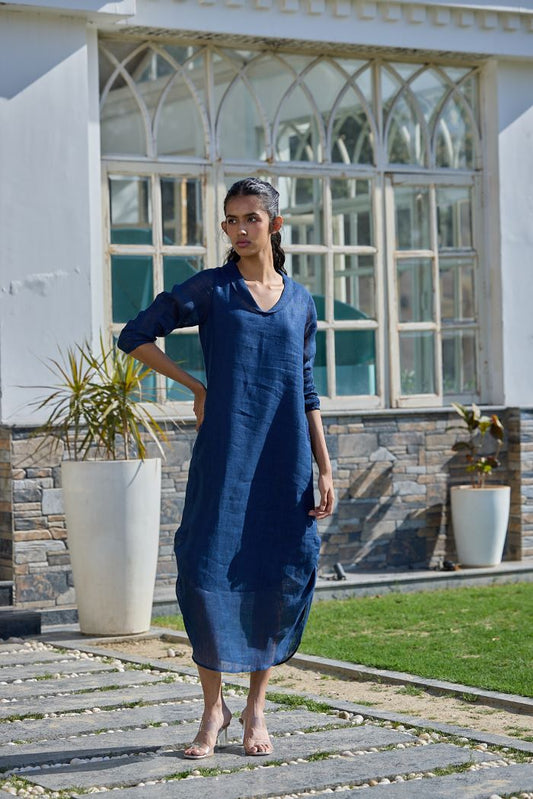 The Linen Iris Dress - Navy Blue