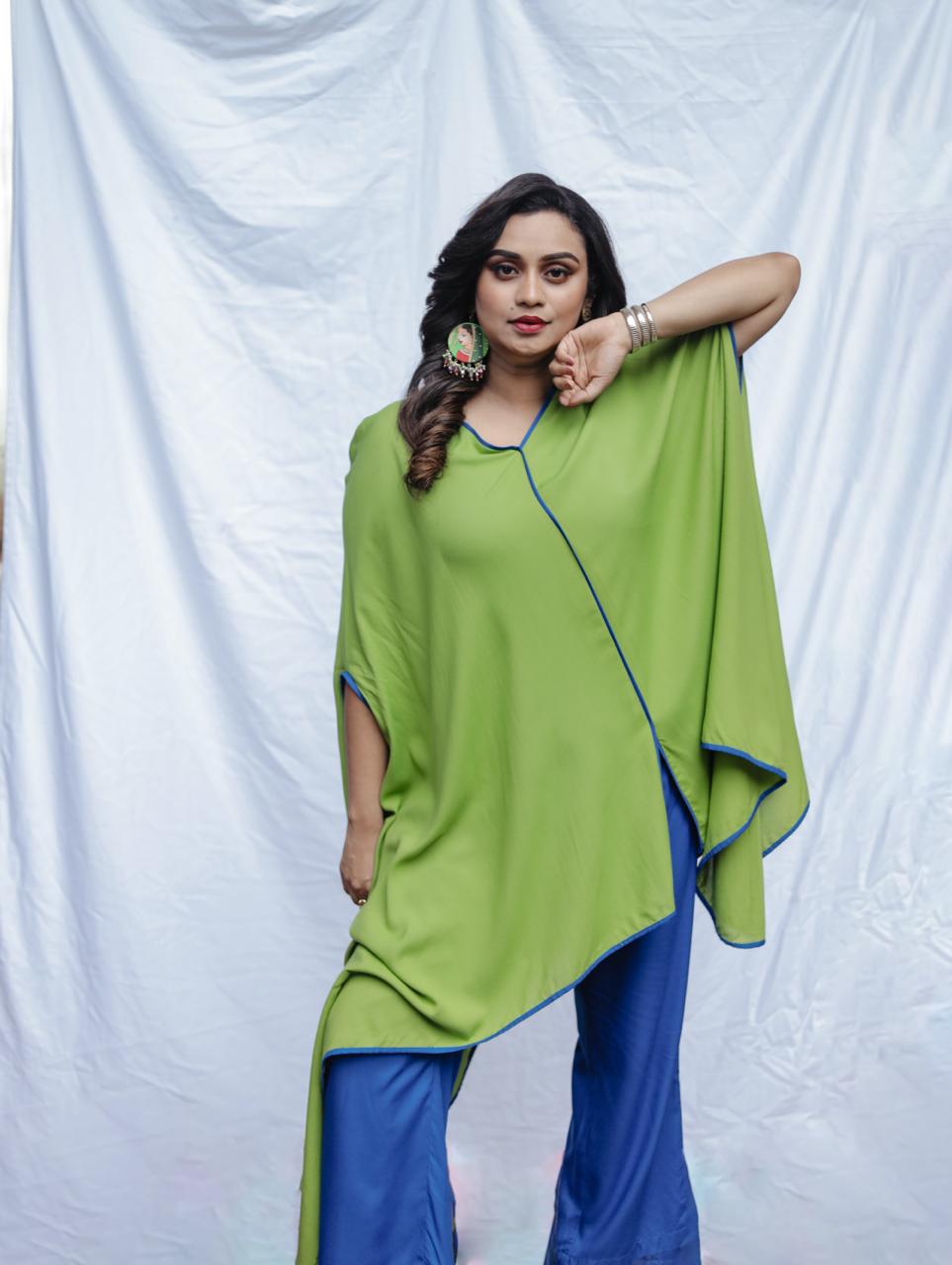 Green Poncho Kaftan with Blue Pant Set