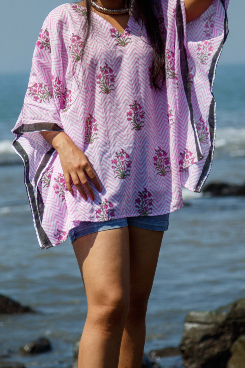 Hand Block Printed & Hand Painted Cotton Mul Kaftan-Pink Chevron