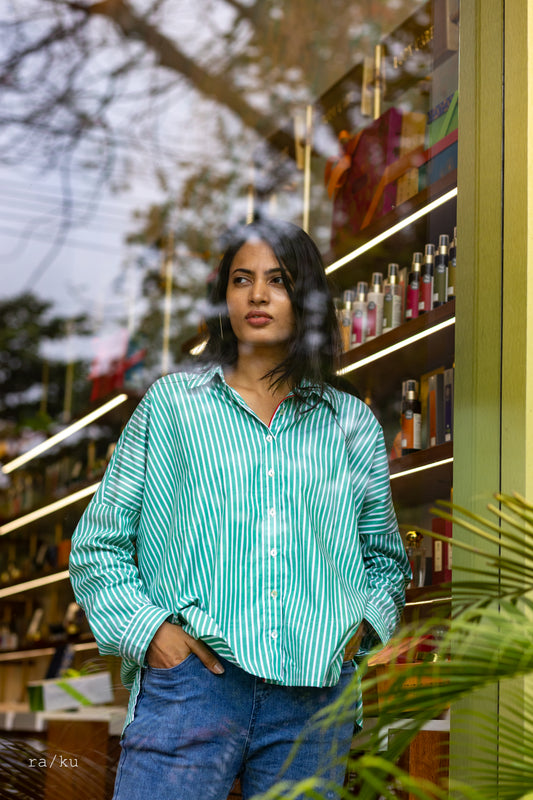 The Emerald Breeze Striped Shirt | Oversized Edition