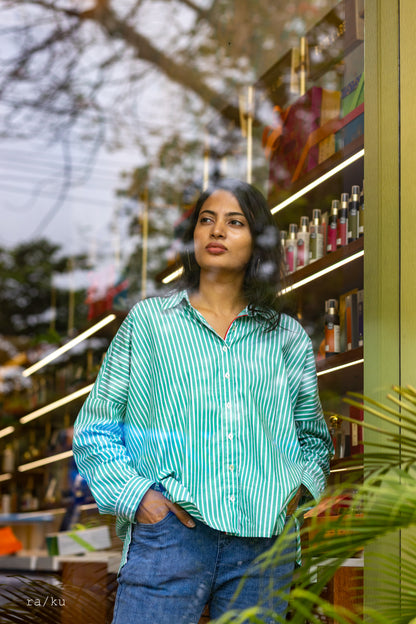 The Emerald Breeze Striped Shirt | Oversized Edition