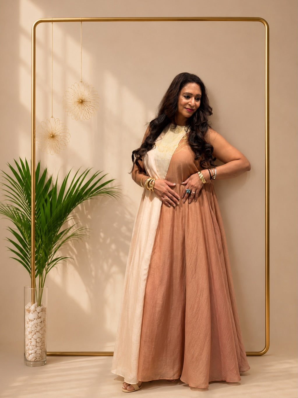 Gold foil peacock feather detailing dress