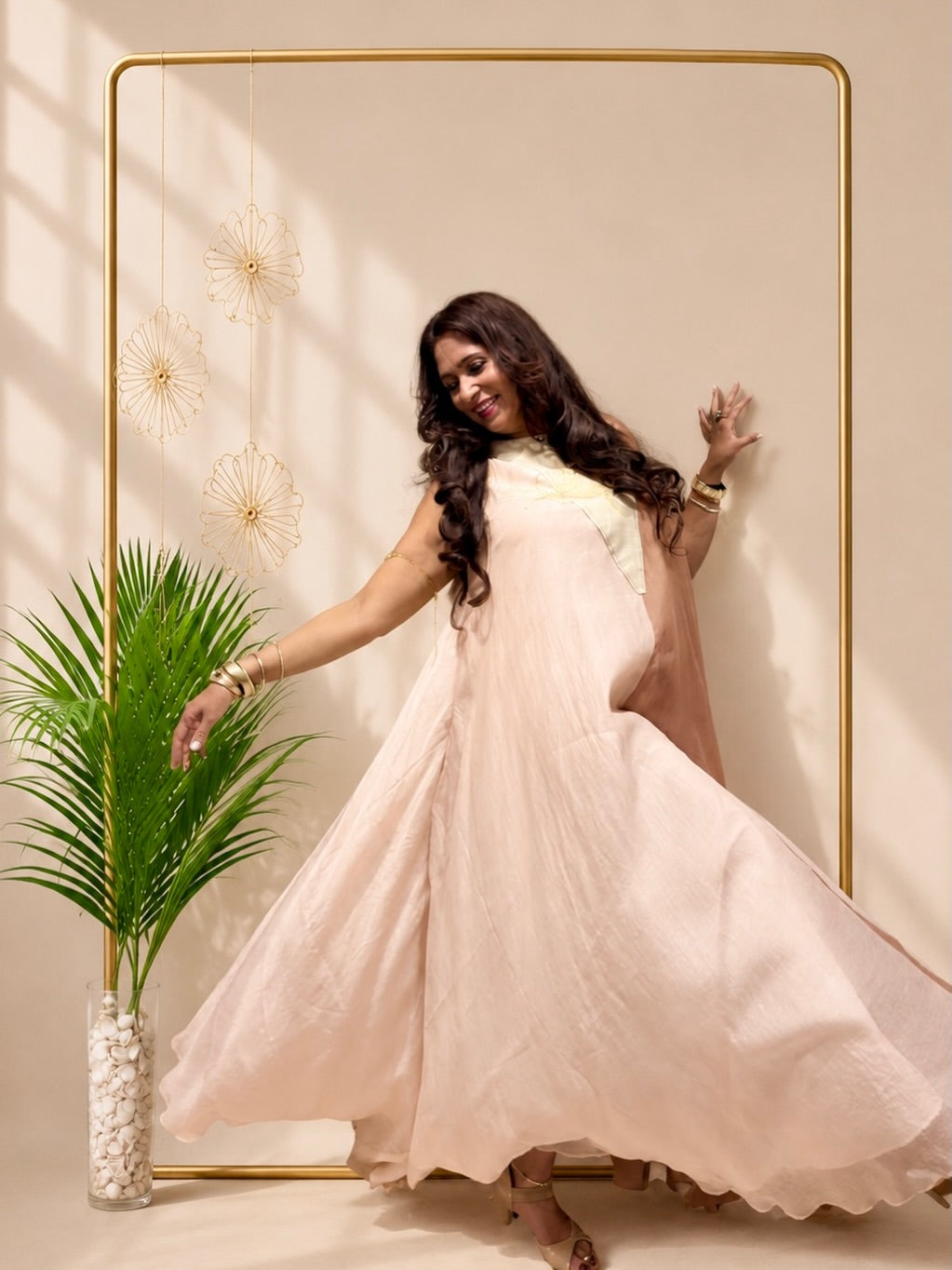 Gold foil peacock feather detailing dress