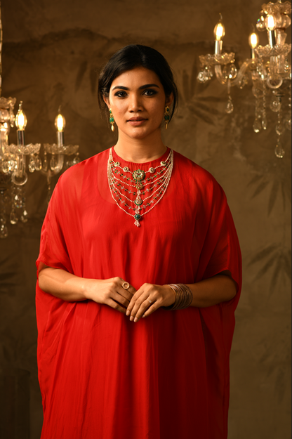 Bhavana Embroidered Red Kaftan & Pant Set