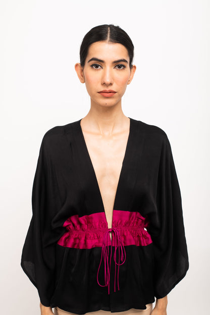 The Midnight Bloom Tie-Front Top | Pink Contrast Waistband
