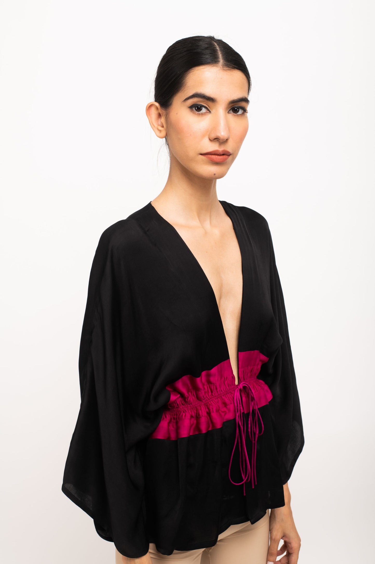The Midnight Bloom Tie-Front Top | Pink Contrast Waistband