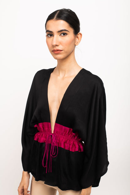 The Midnight Bloom Tie-Front Top | Pink Contrast Waistband