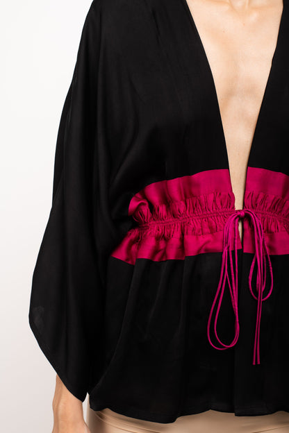 The Midnight Bloom Tie-Front Top | Pink Contrast Waistband