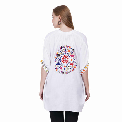 White Cotton Flowy Shirt with Multi-Coloured Embroidery