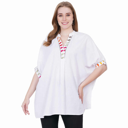 White Cotton Flowy Shirt with Multi-Coloured Embroidery