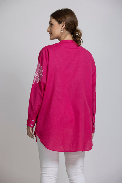 Solid Pink Front Embroidered Round neck Shirt