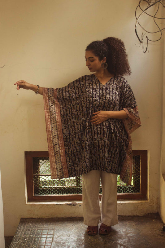 Cotton Bagh Block-Printed Kaftan Dress-Lata Black