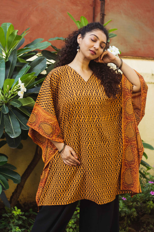 Cotton Bagh Block-Printed Kaftan Dress-Leheriya Mustard