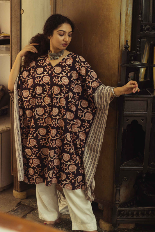 Cotton Bagh Block-Printed Kaftan Dress-Phulwaari Black