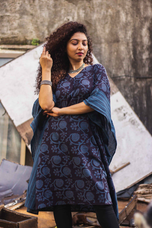 Cotton Bagh Block Printed Kaftan Dress-Phulwaari Blue