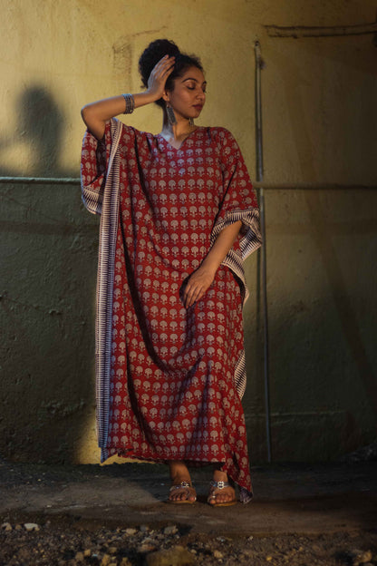 Cotton Bagh Block Printed Kaftan Long Maxi Kaftan-Palash Red