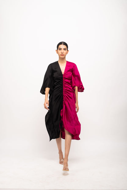 The Midnight Rose Ruched Dress | Black & Pink Color Block