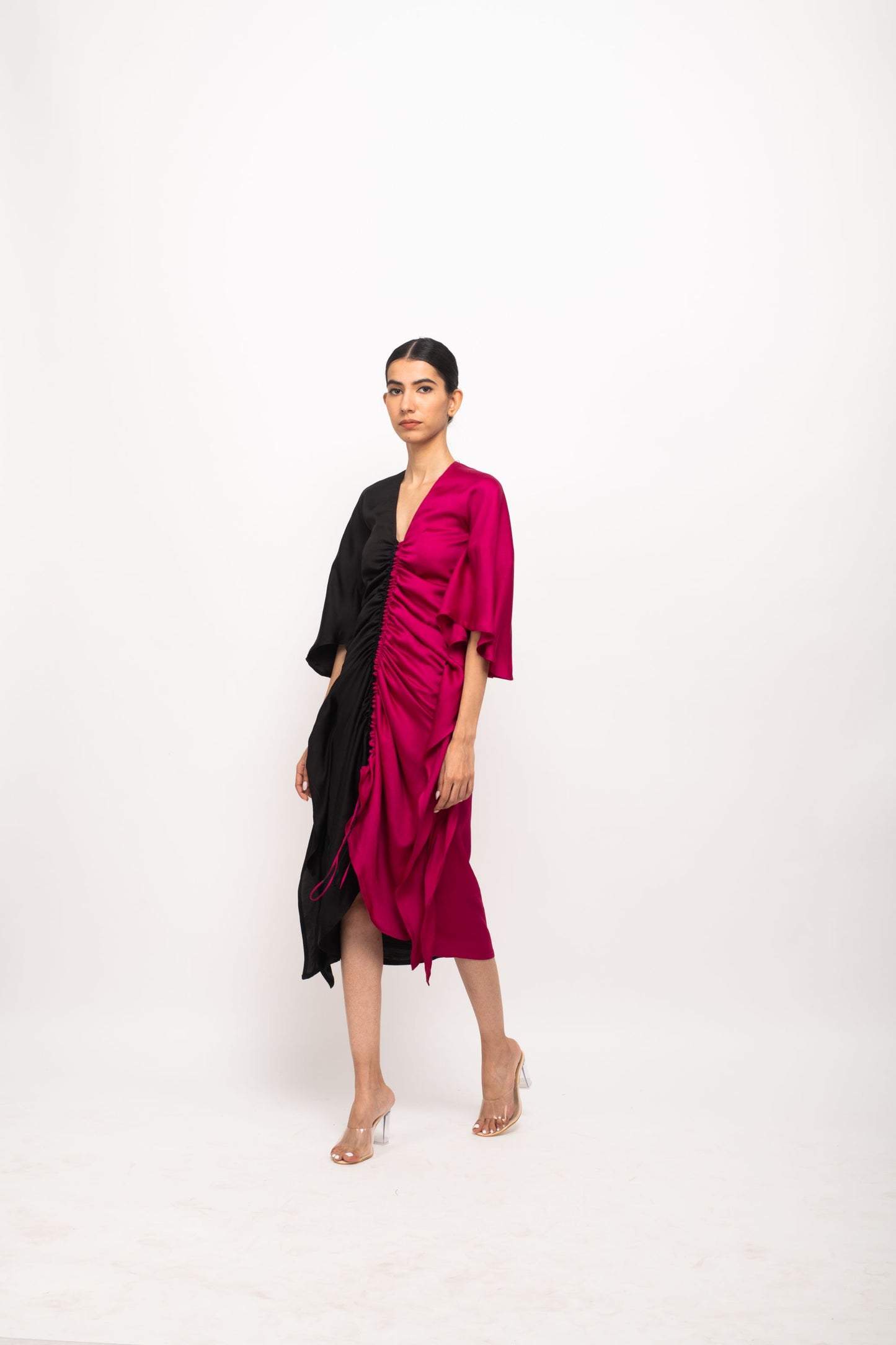 The Midnight Rose Ruched Dress | Black & Pink Color Block