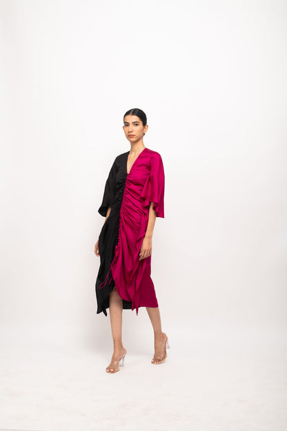 The Midnight Rose Ruched Dress | Black & Pink Color Block