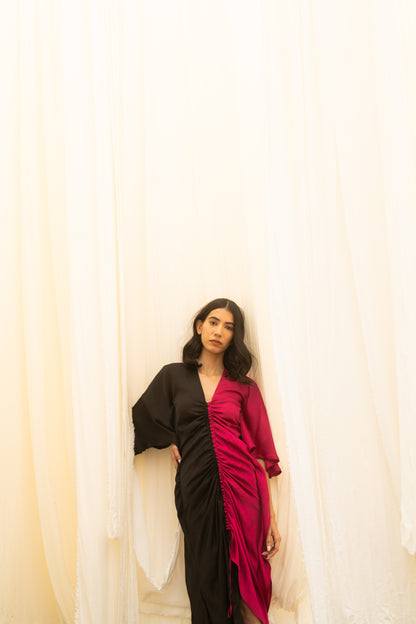 The Midnight Rose Ruched Dress | Black & Pink Color Block