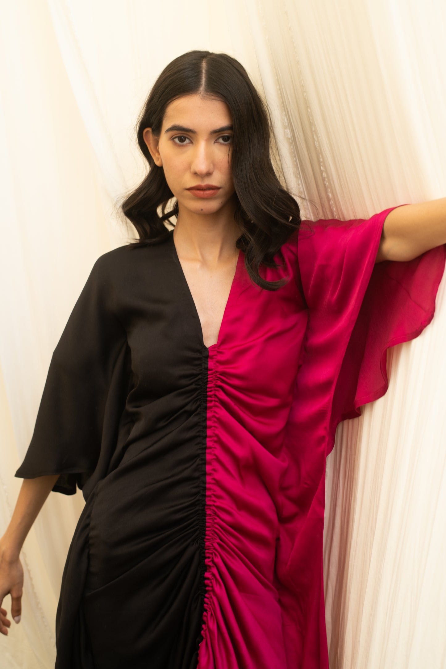 The Midnight Rose Ruched Dress | Black & Pink Color Block