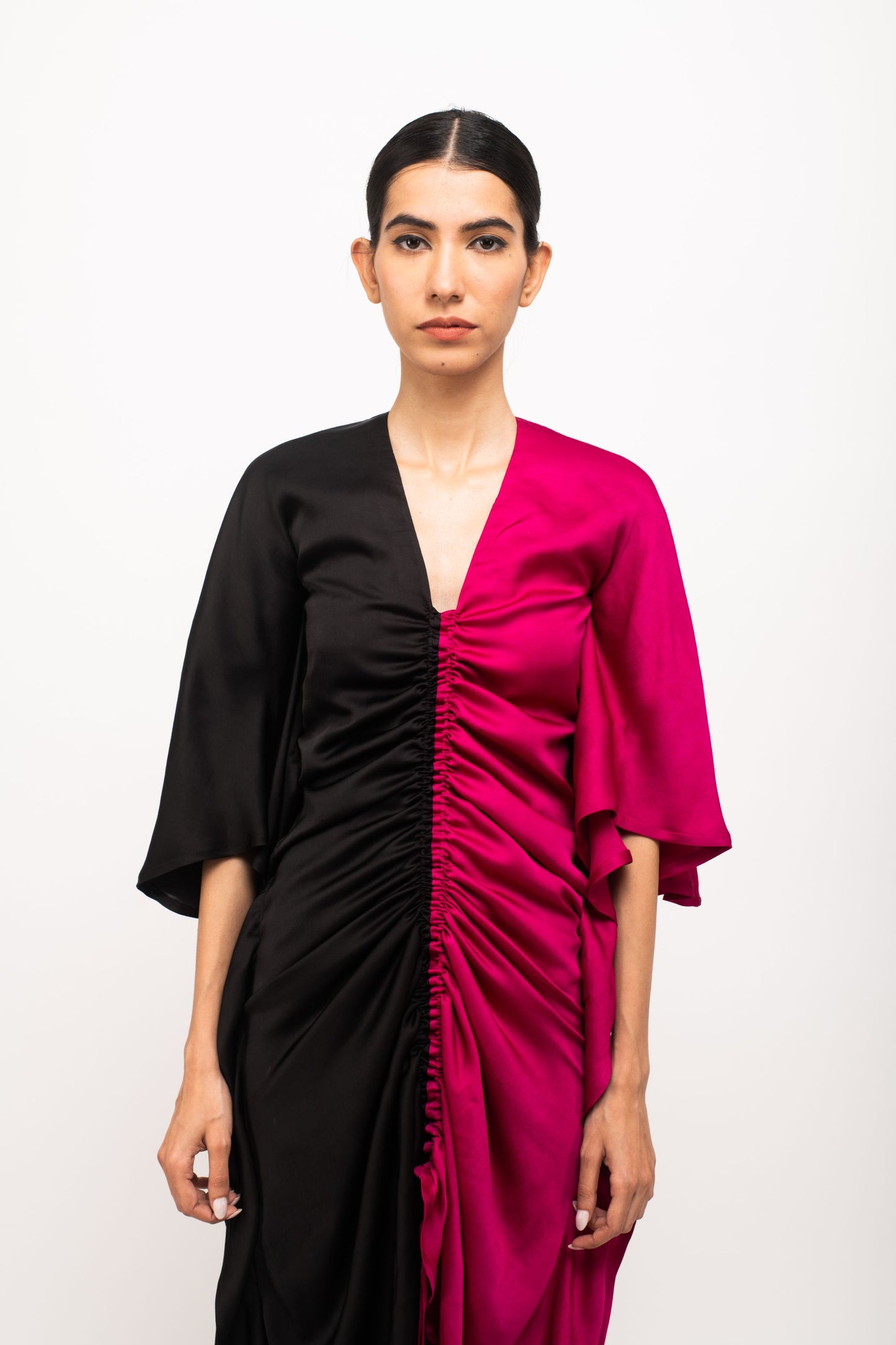 The Midnight Rose Ruched Dress | Black & Pink Color Block