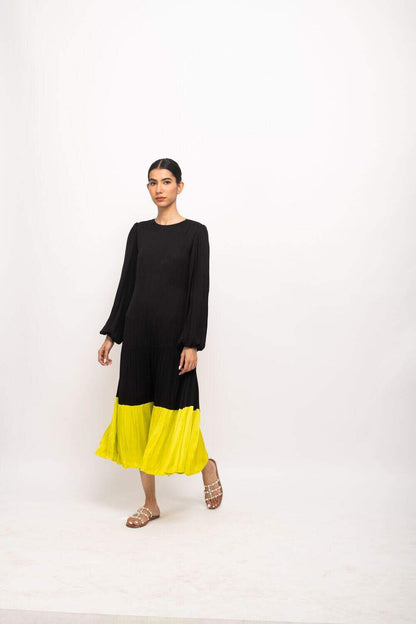 The Midnight Bloom Pleated Dress | Black & Yellow Edition