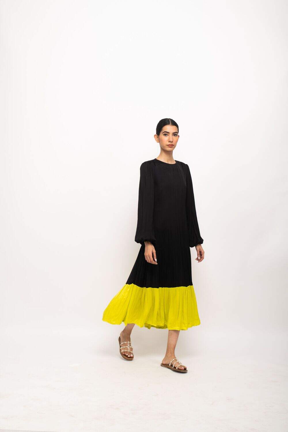 The Midnight Bloom Pleated Dress | Black & Yellow Edition