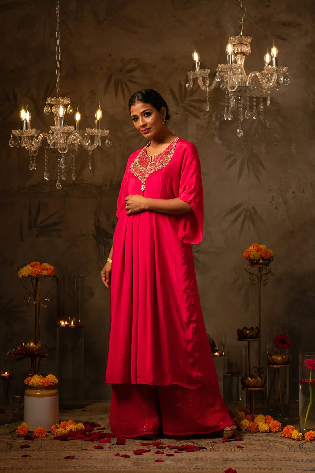 Sruthi Embroidered Kaftan & Kasavu Strip Palazzo Set