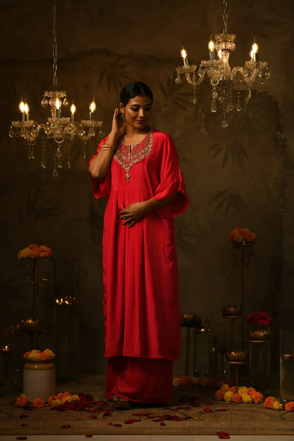 Sruthi Embroidered Kaftan & Kasavu Strip Palazzo Set