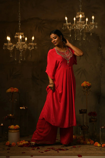 Sruthi Embroidered Kaftan & Kasavu Strip Palazzo Set