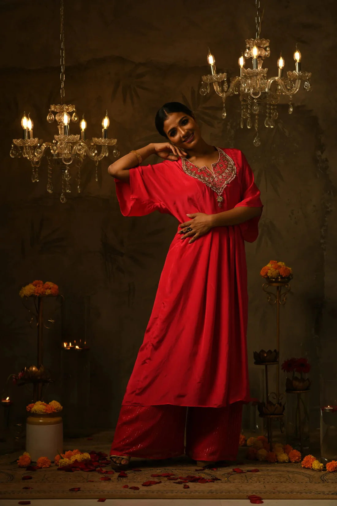 Sruthi Embroidered Kaftan & Kasavu Strip Palazzo Set