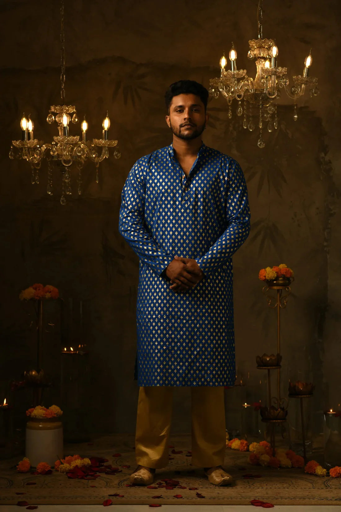 Abhijit Royal Blue Foil Print Kurta & Golden Pant Set